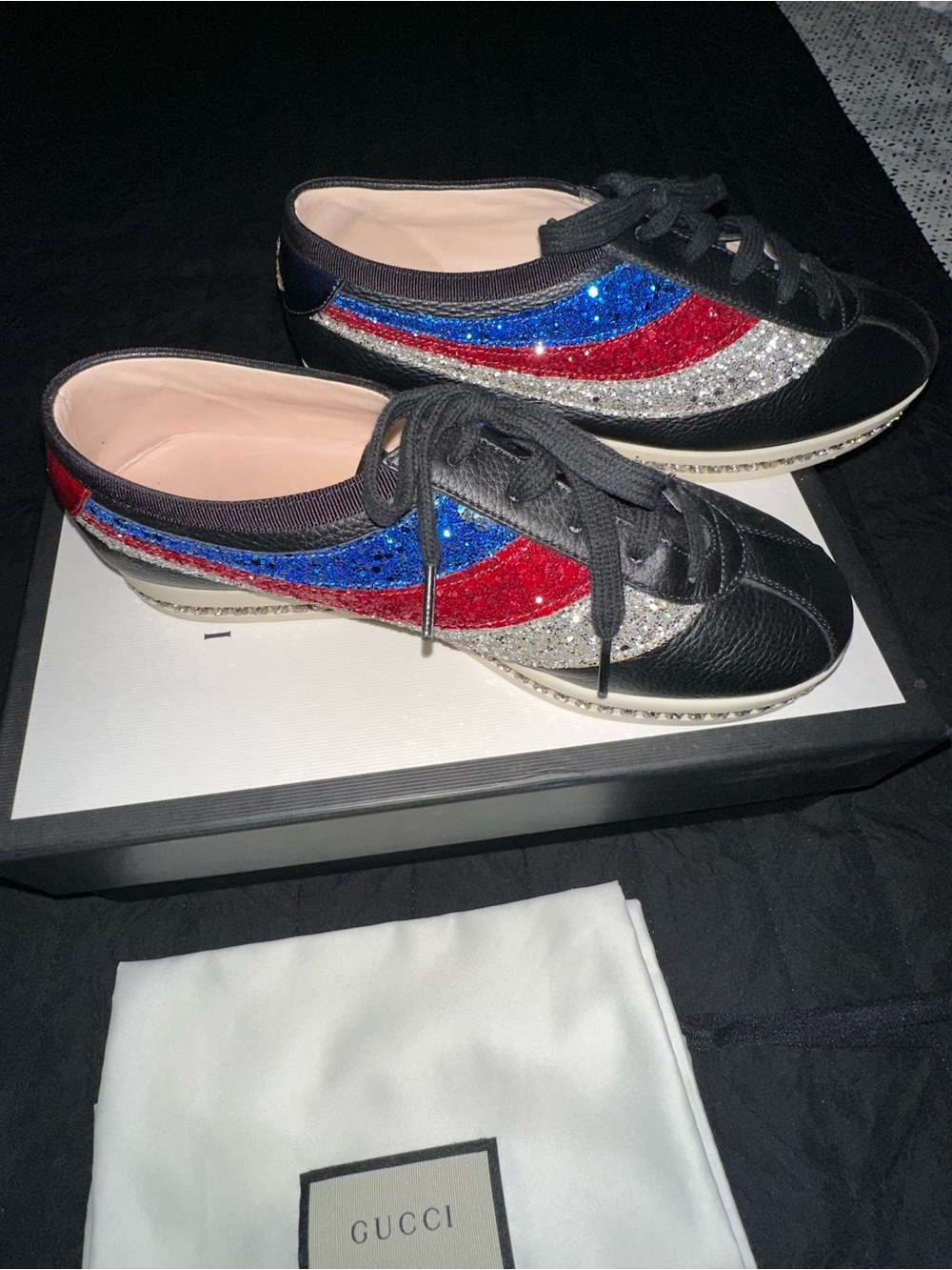 Gucci Black Sneakers with Red, Blue & Silver Glitter Waves